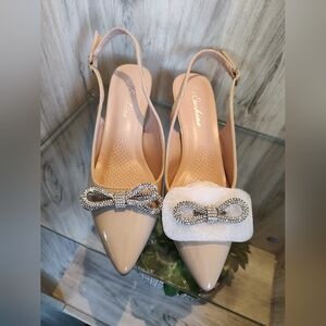 Elegant Nude Slingback Heels with Rhinestone Bow